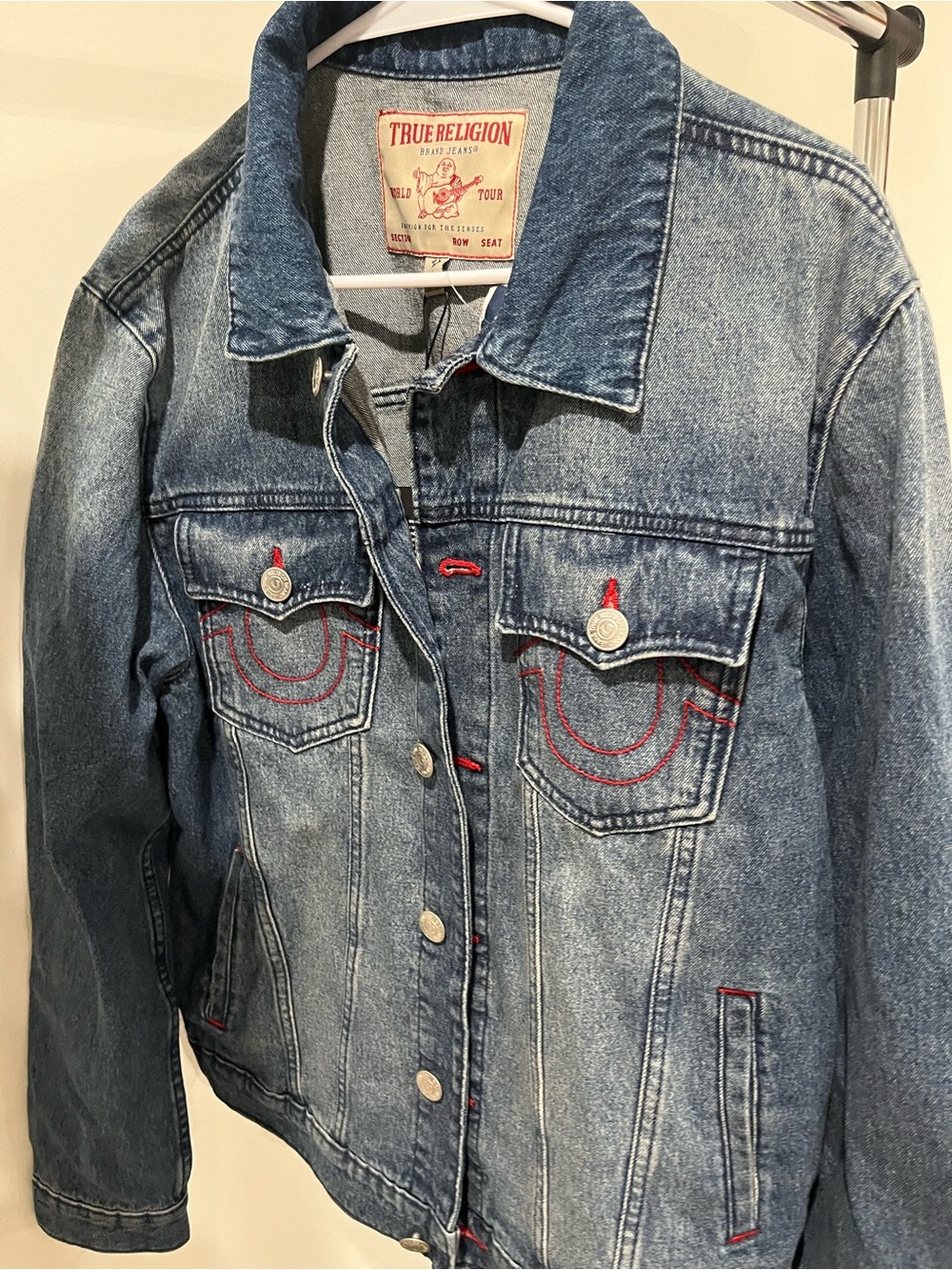 True Religion Blue Denim Jacket with Red Stitching Men’s Size Large NWT